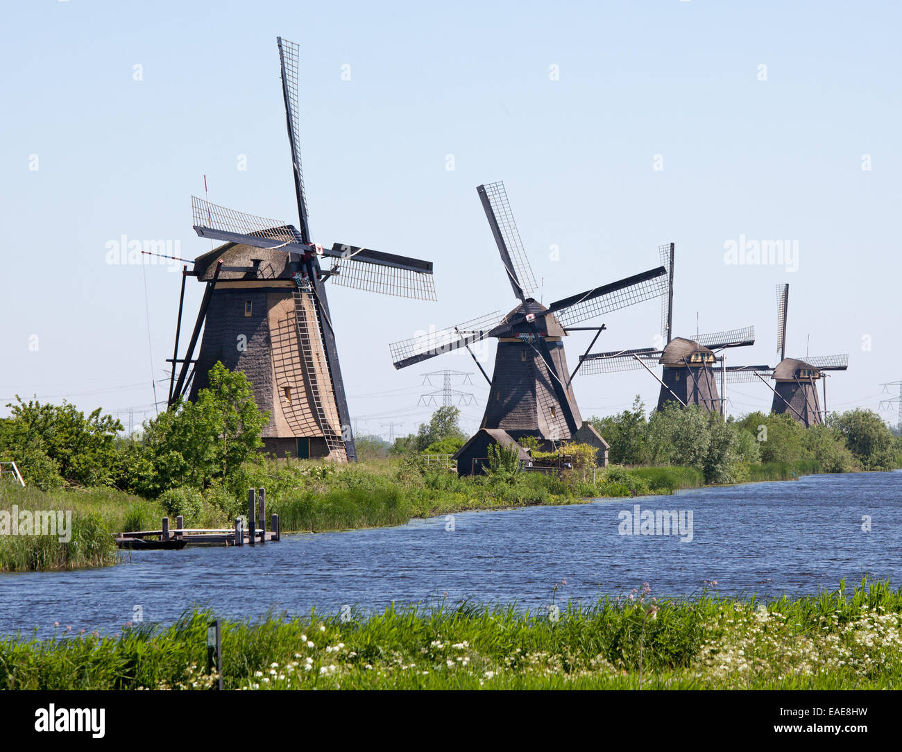 Escena holandesa tradicional molinos de Kinderdijk Holanda Holanda mostrando los canales y las bombas del viento Foto de stock