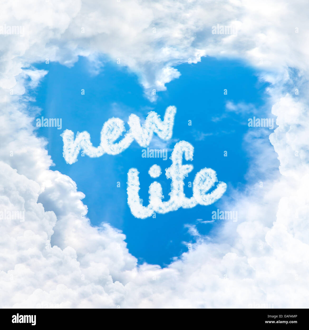 Nueva vida dentro de la palabra amor en forma de corazón de nube azul cielo sólo de fondo Foto de stock