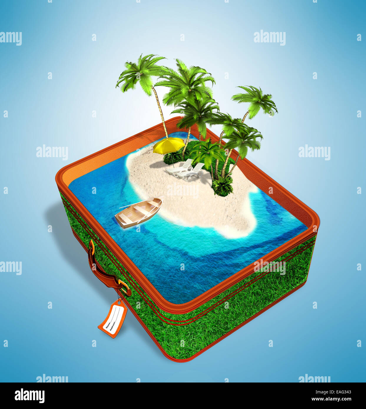 Isla tropical en una maleta de viaje. Viajar de fondo. Foto de stock