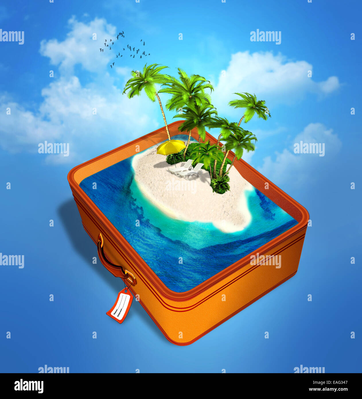 Isla tropical en una maleta de viaje. Viajar de fondo. Foto de stock