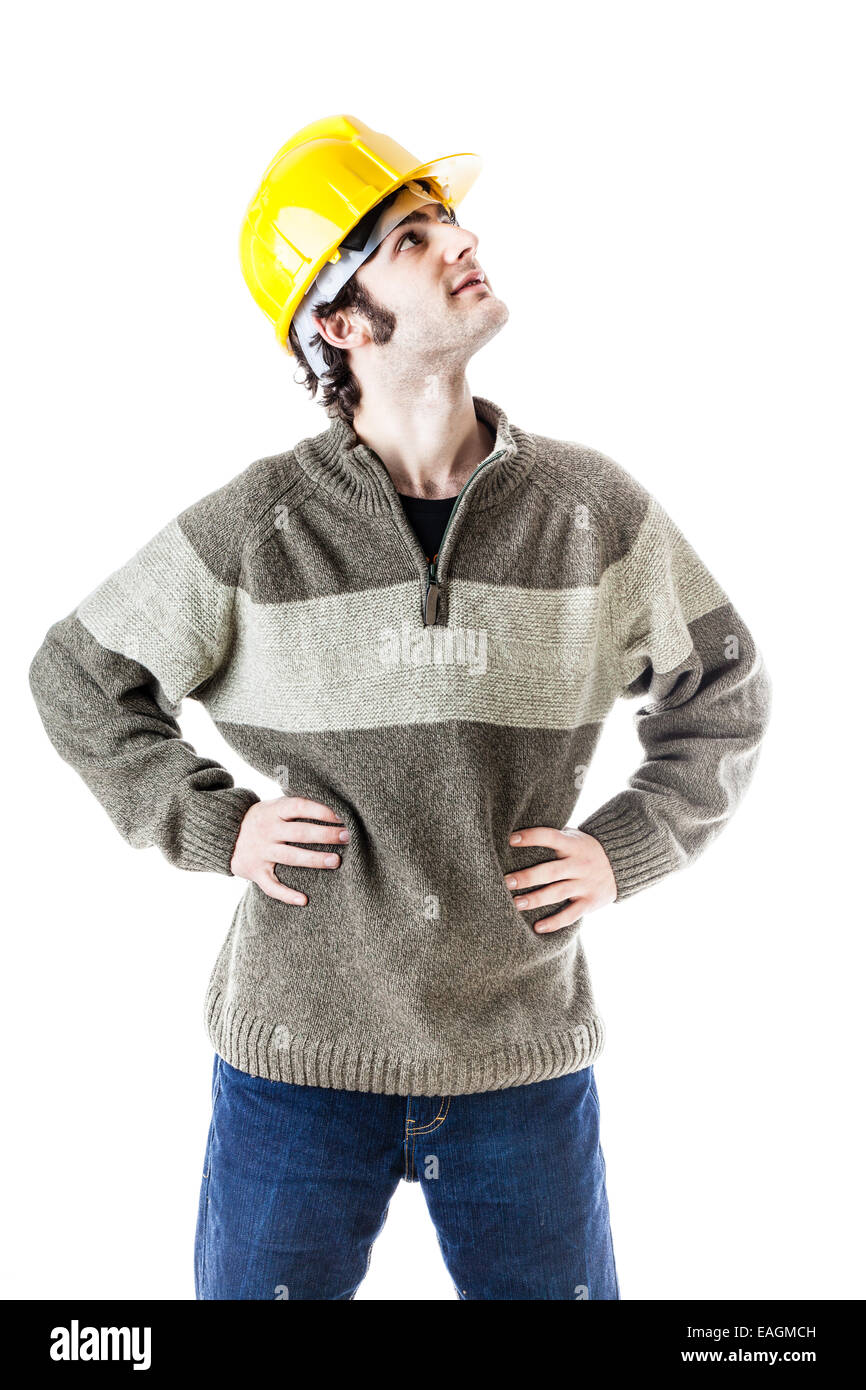 Un guapo arquitecto o ingeniero, vistiendo un sombrero duro y llevar  algunos planes de construcción aislado en blanco Fotografía de stock - Alamy