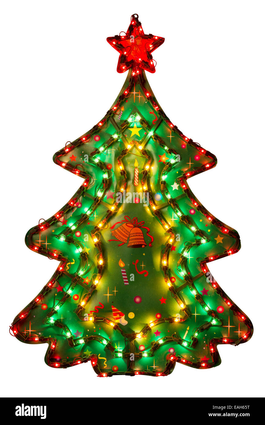 Decoración de Navidad - el árbol de Navidad iluminado de luces eléctricas, aislado en blanco Foto de stock