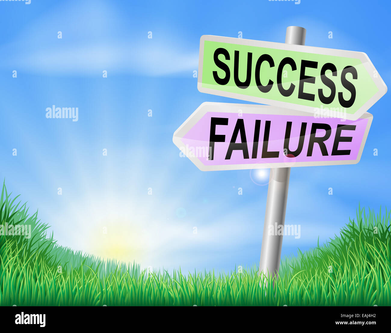 Signo de éxito o fracaso en un soleado campo de verde exuberante césped Foto de stock