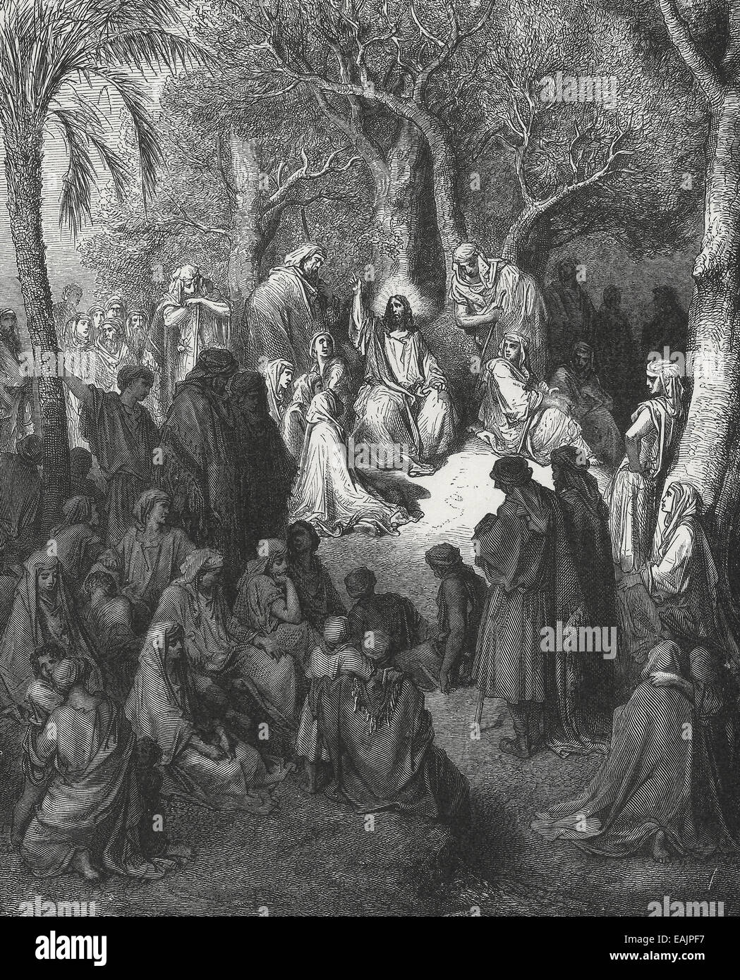 Sermón de la Montaña, Jesús habla a sus apóstoles y multitudes Foto de stock
