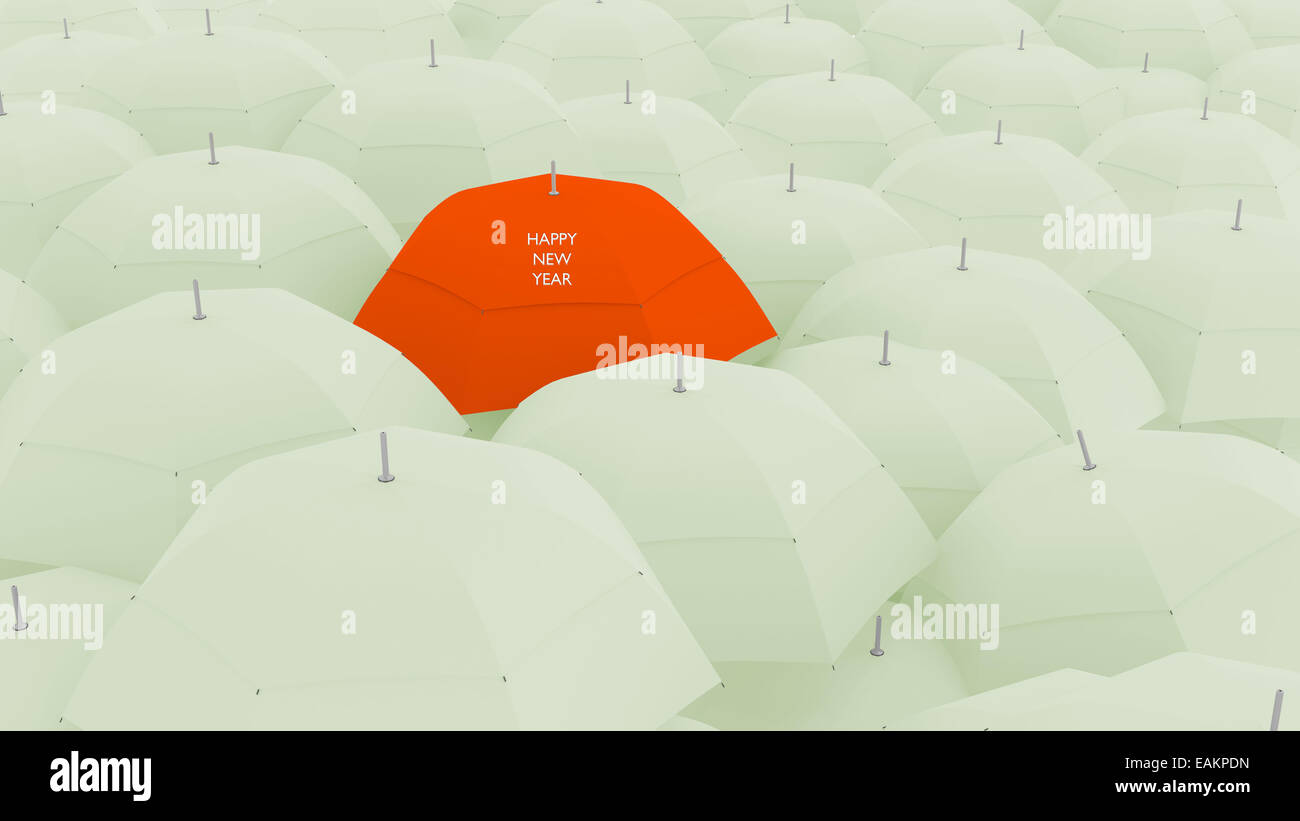 Conceptualmente 3D mostrando feliz año nuevo a través de un paraguas de regalo color único, el mejor Foto de stock