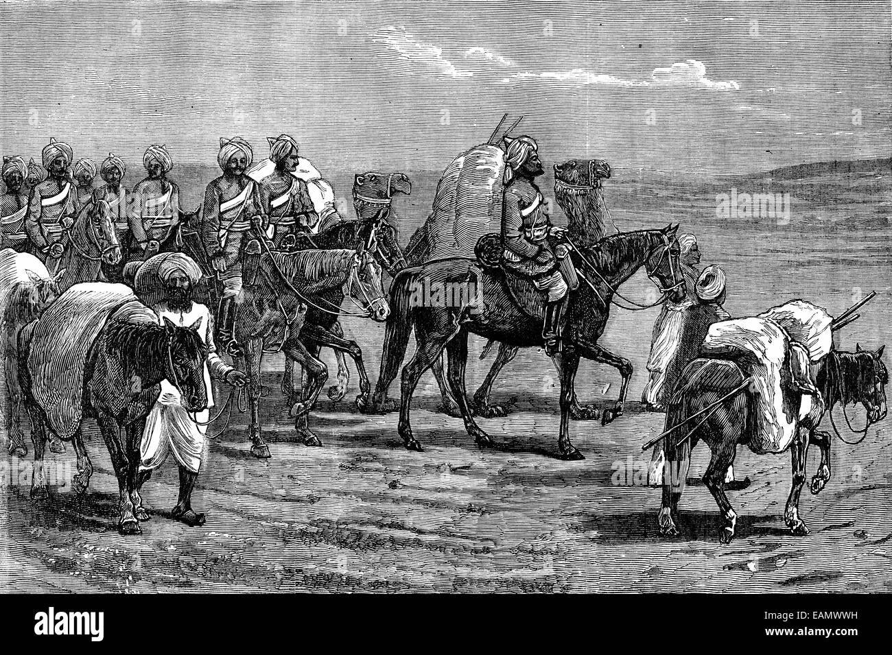Afganistán. Jinetes del contingente indio, vintage ilustración grabada. Journal des Voyages, el viaje oficial, (1879-80). Foto de stock