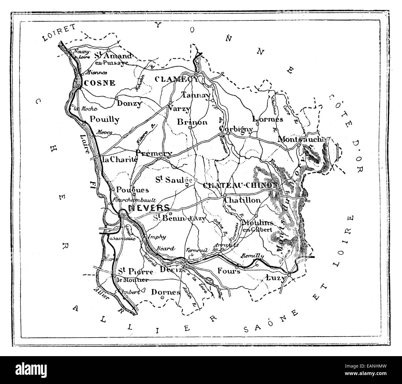 Mapa del departamento de Nièvre, vintage ilustración grabada. Journal des viaje, viaje oficial, (1879-80). Foto de stock