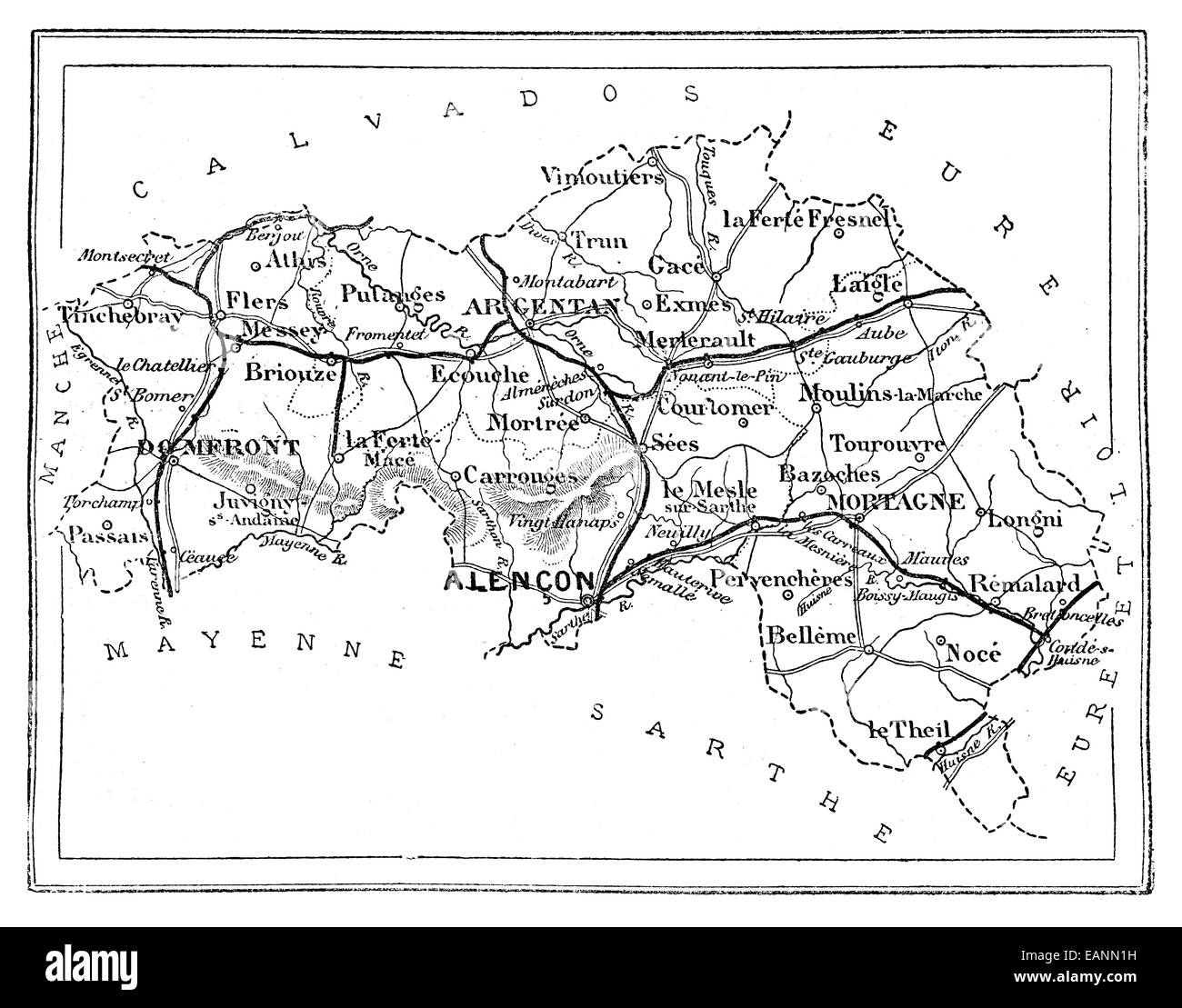 Mapa del departamento de Orne, vintage ilustración grabada. Journal des viaje, viaje oficial, (1880-81). Foto de stock