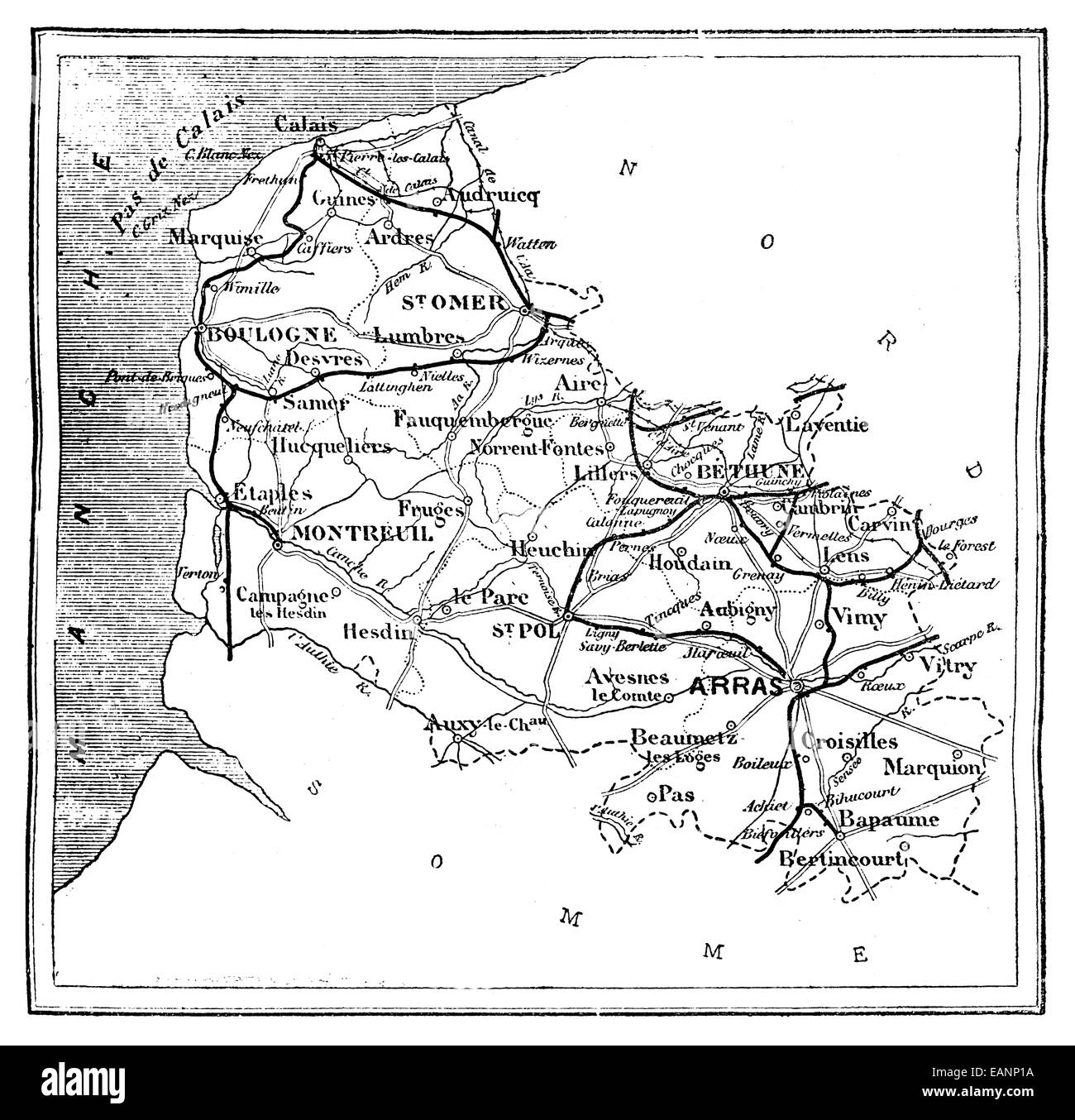 Mapa del departamento de Pas-de-Calais, vintage ilustración grabada ...