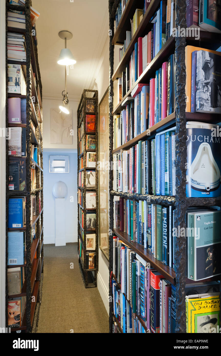 Estrecho pasillo forrado con estantes de libros Foto de stock