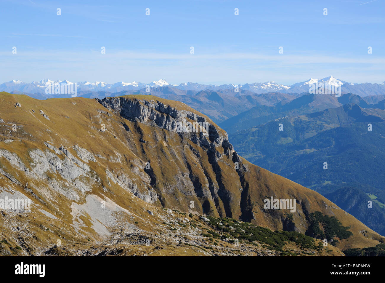 Panorama alpino de montaña desde la cumbre, Rofan Spieljoch, Austria Foto de stock