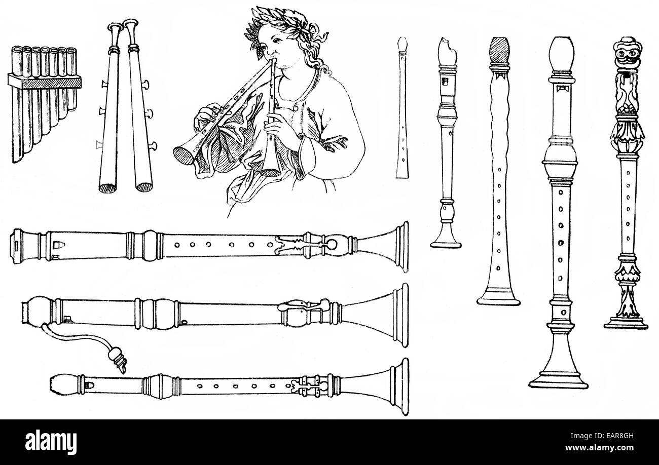 Diversas formas de antiguos instrumentos de viento, doble flauta, flauta de pico y flauta de pastor desde el antiguo Egipto, recoders, verschied Foto de stock