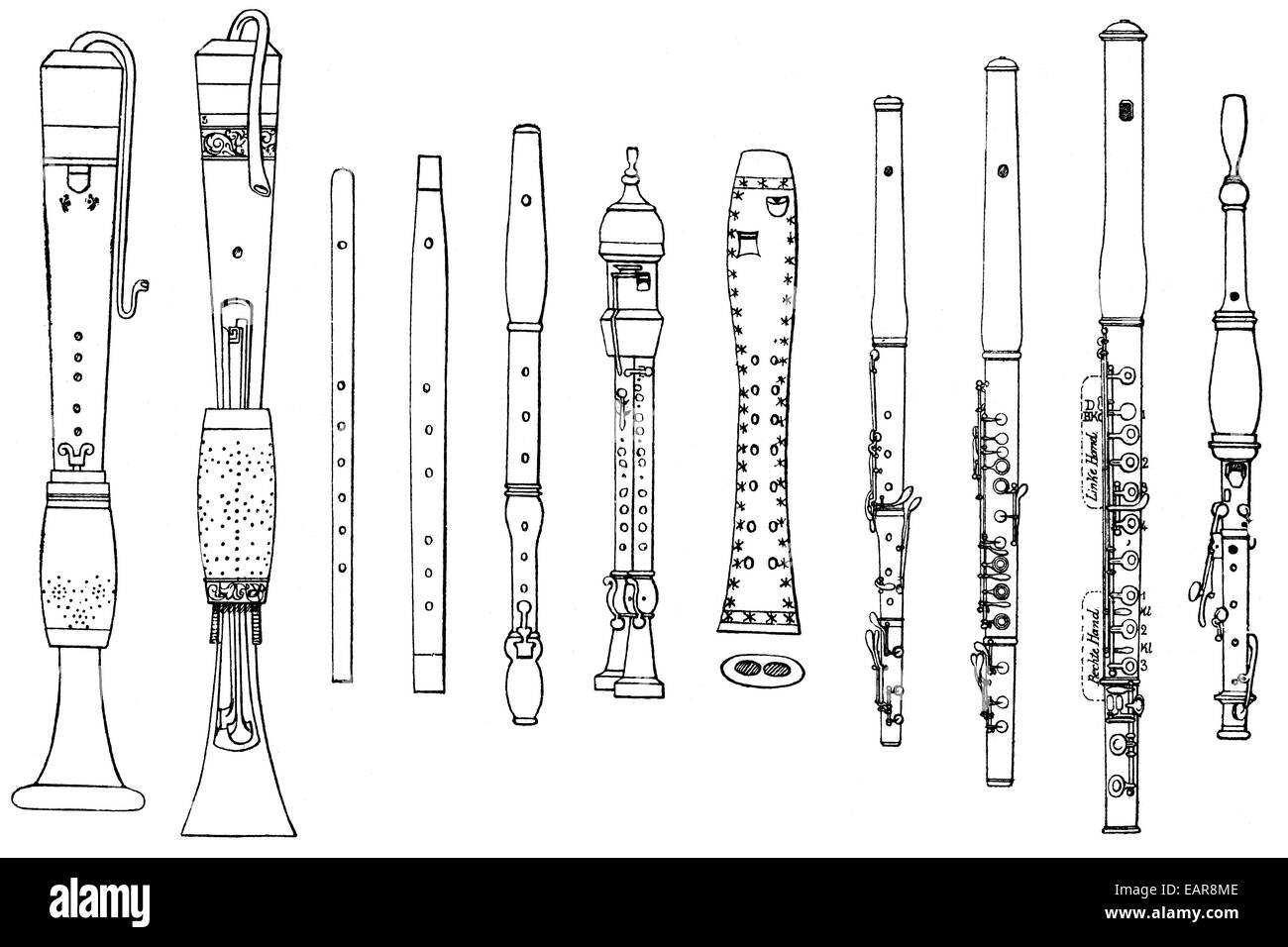 Diversas formas de antiguos instrumentos de viento, flageolet, flauta de pico, flauta alemana, flauta, doble a la de los varones verschiedene grabadora , Foto de stock