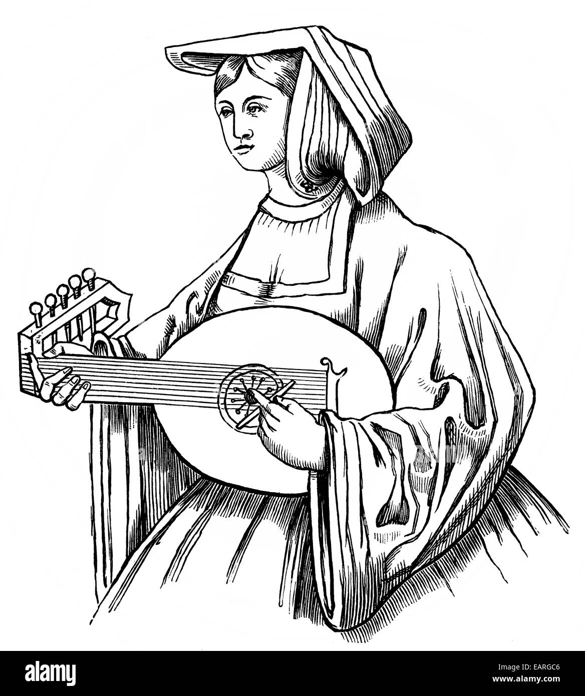 Laudista con una púa (siglo xvi), mit einem Lautenspielerin Plektrum oder plectro, 16. Jahrhundert Foto de stock