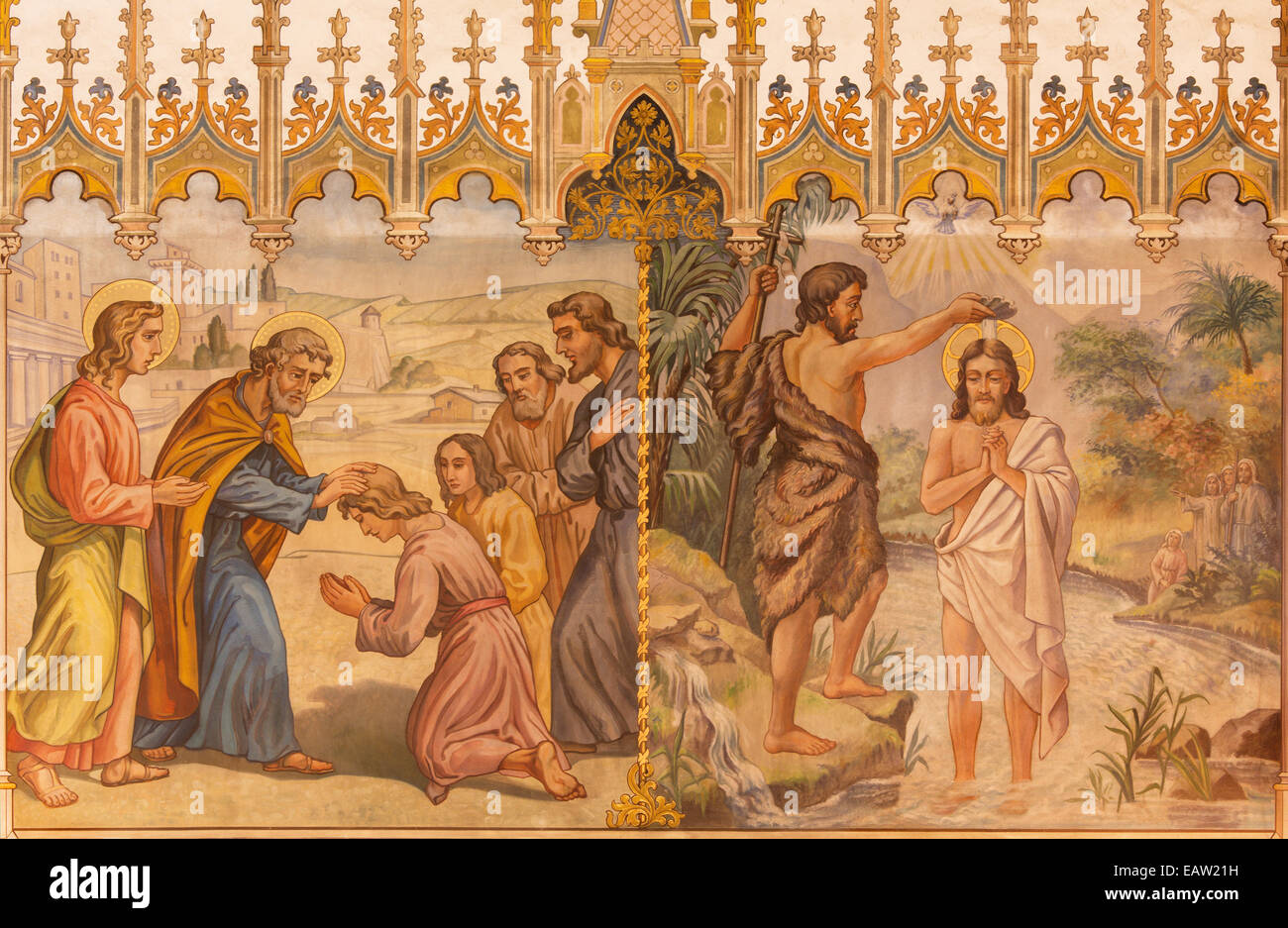 Trnava - El fresco de estilo neo-gótico de la FHE escena del bautismo de Cristo y de los Apóstoles en la confirmación Foto de stock