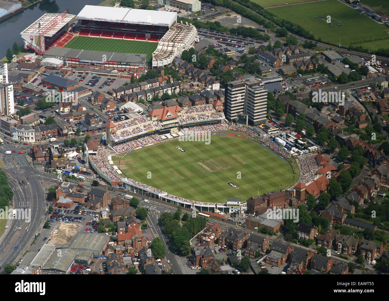Vista aérea de Trent Bridge cricket ground durante un juego de 1 día internacional de Inglaterra y las Antillas. Nottingham Forest suelo Foto de stock