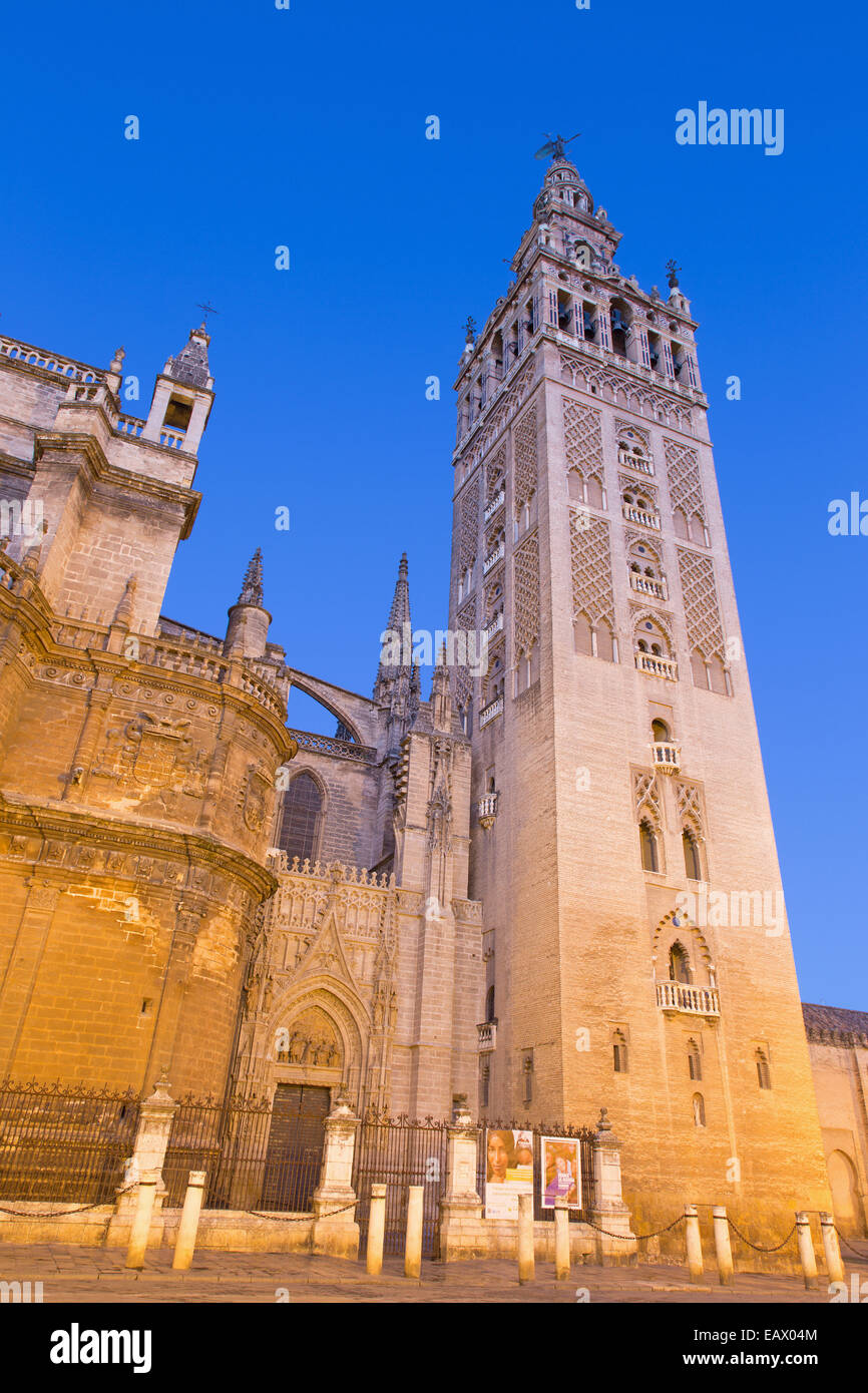 Sevilla - La Catedral de Santa María de la Sede con la Giralda en el crepúsculo matutino. Foto de stock