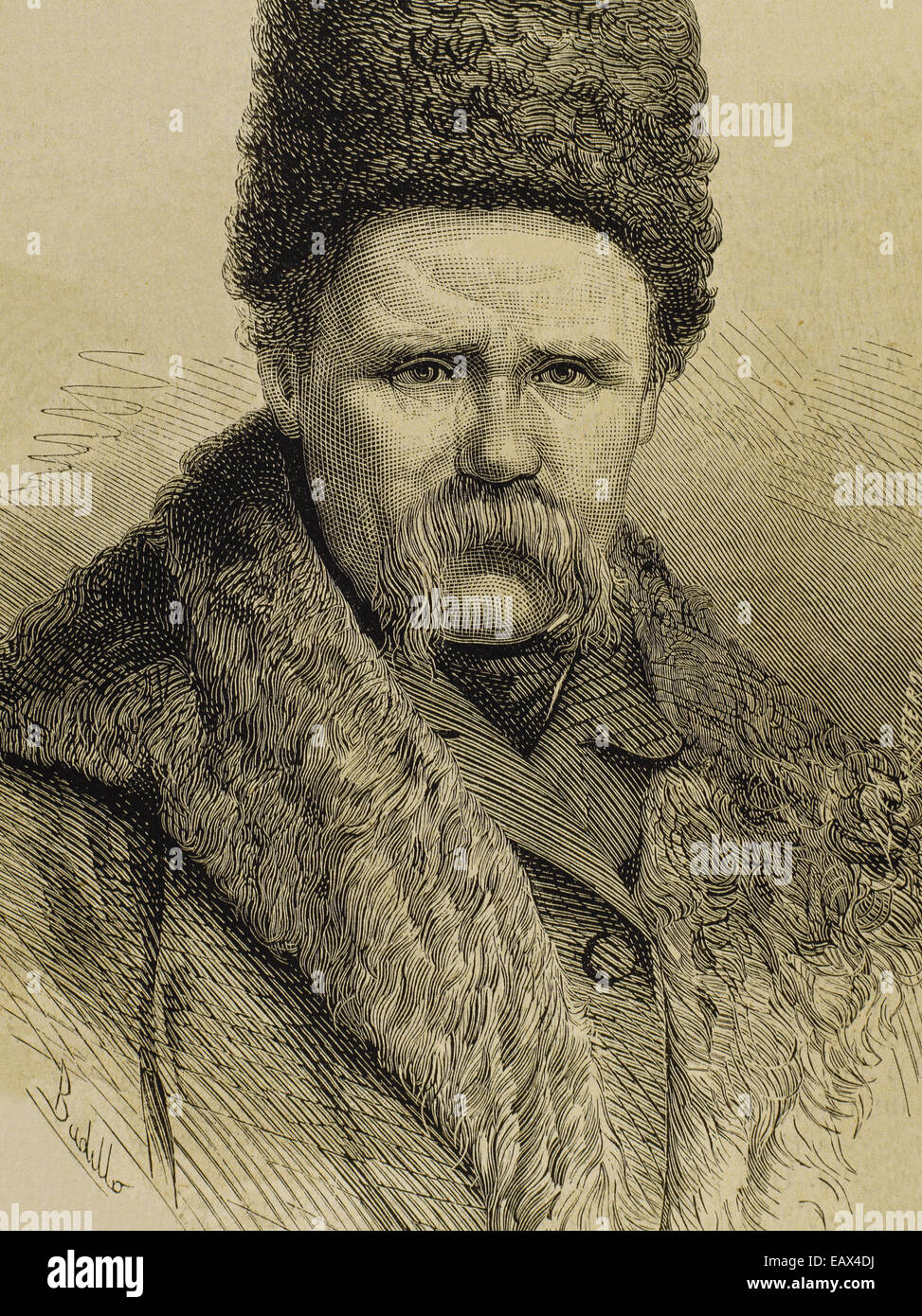 Taras Shevchenko (1814-1861). Poeta ucraniano. Retrato. Grabado de la Ilustracion española y americana, 1877. Foto de stock