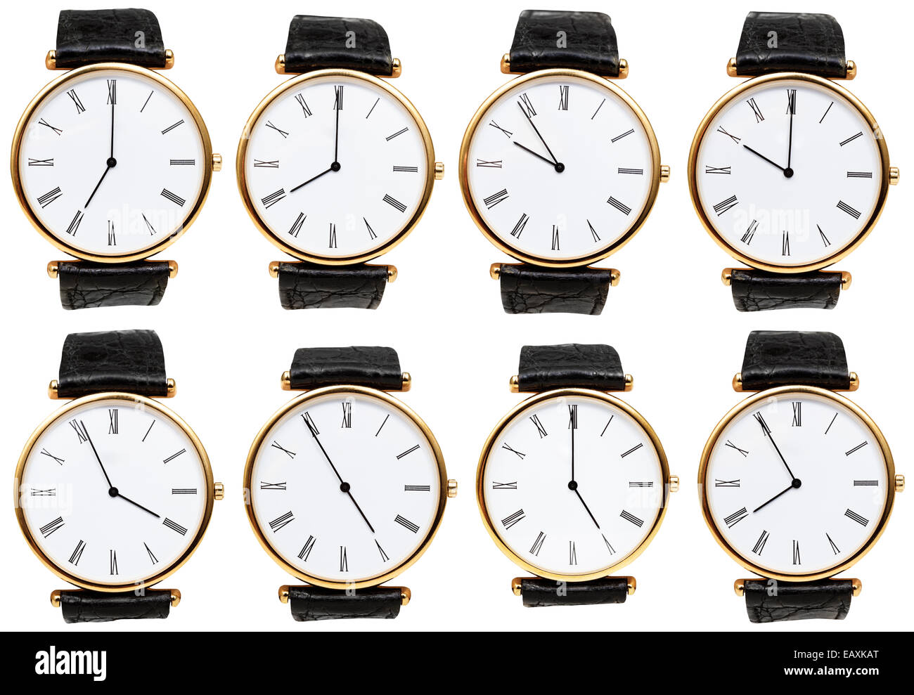 Juego de reloj de pulsera marca con diferentes tiempo aisladas sobre fondo blanco. Foto de stock