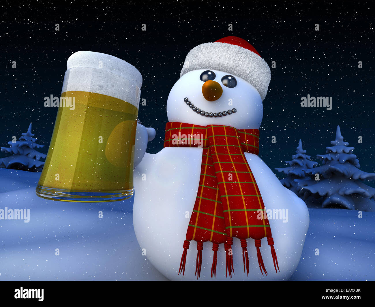 3D Render de muñeco de nieve sosteniendo una jarra de cerveza Foto de stock