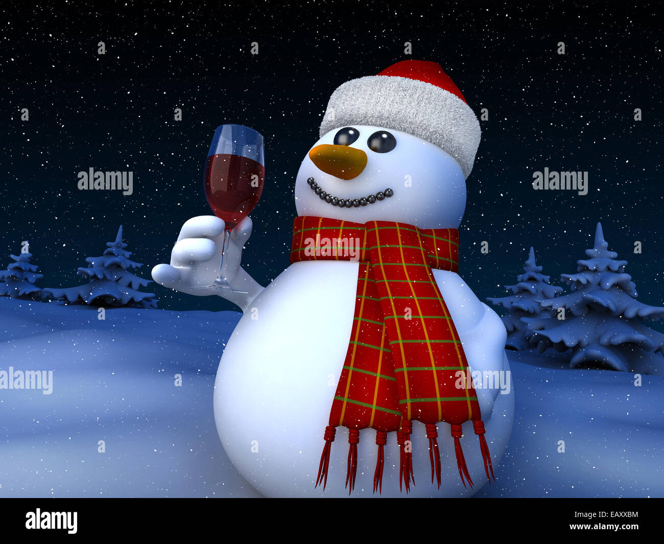 3D Render de muñeco de nieve con un vaso de vino tinto Foto de stock