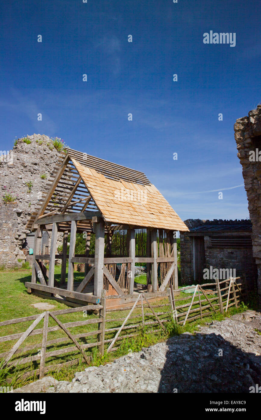 Una teja de madera inacabada la demostración en el castillo Corfe Dorset, Inglaterra Foto de stock