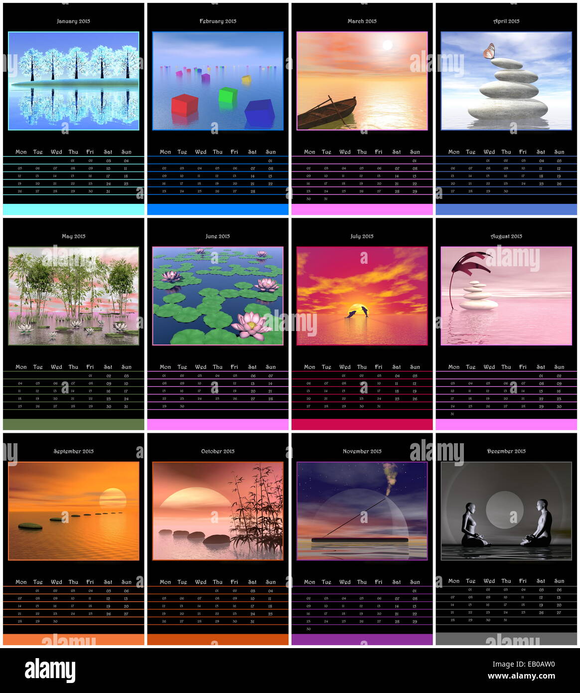 Calendario 2015 año europeo en una semana a partir del lunes y zen imágenes Foto de stock