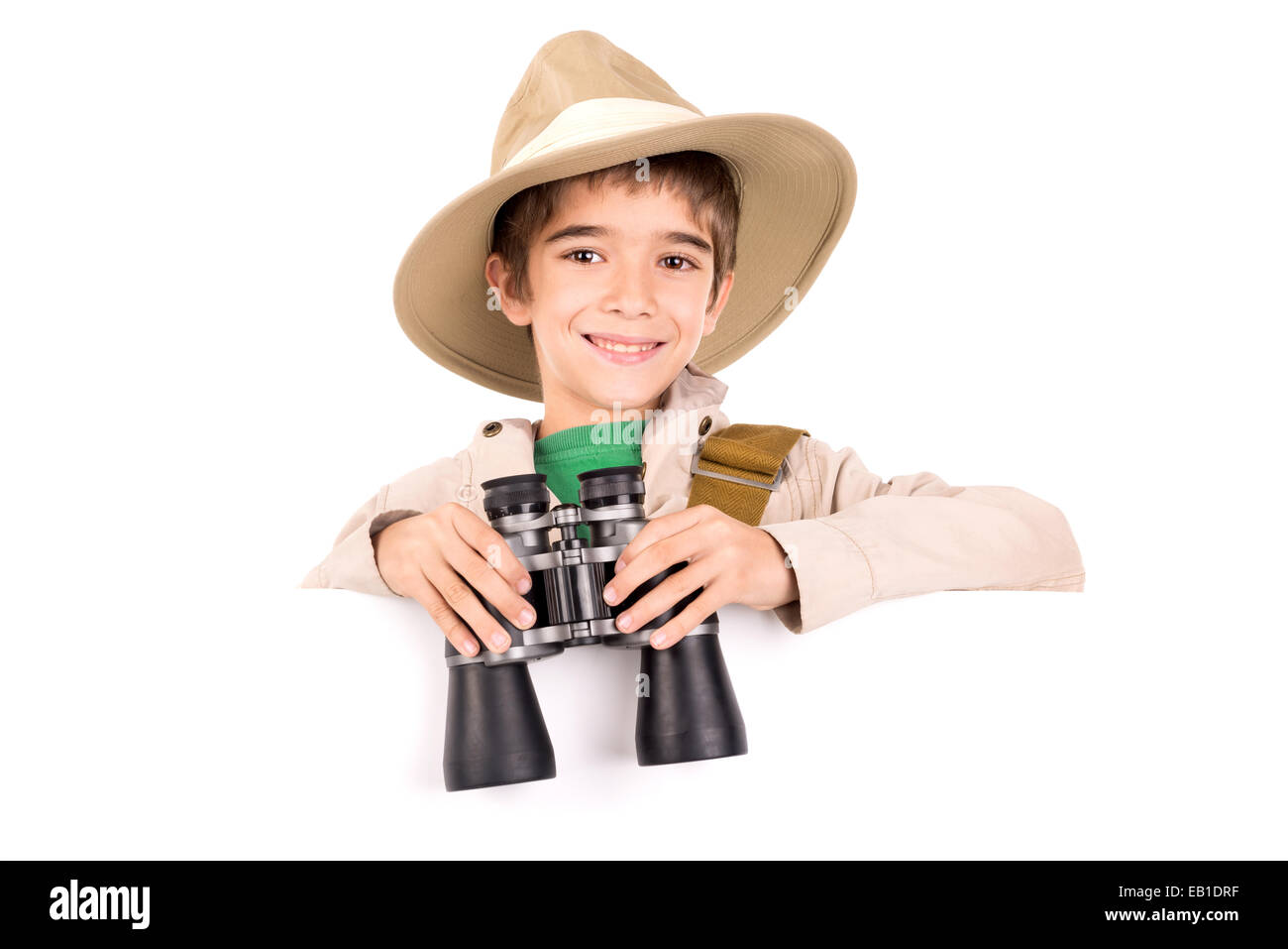 Niño Explorador Con Sombrero Y Gafas Sosteniendo Una Linterna Y