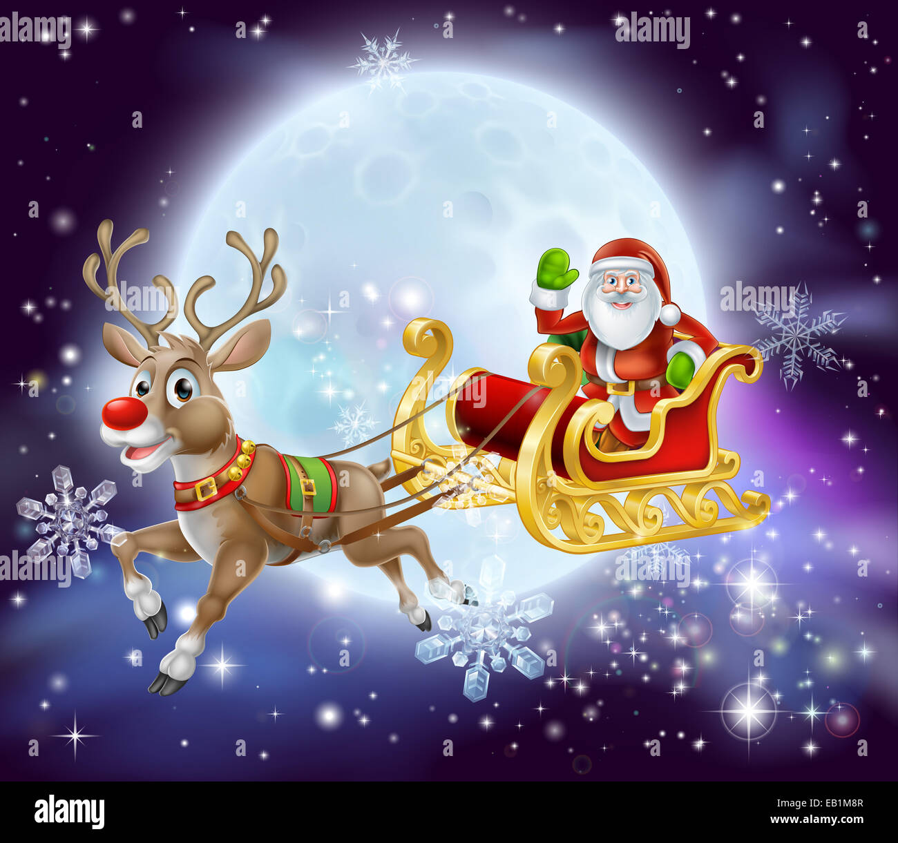 Ilustración de dibujos animados de navidad de Papá Noel en su trineo o sled  volando en frente de una gran luna llena Fotografía de stock - Alamy