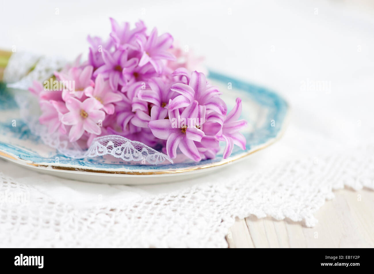 Posy de jacintos rosa en vintage placa azul de Lacy un mantel. Foto de stock