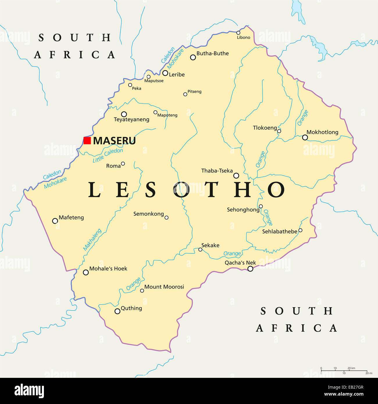 Mapa Politico Con Lesotho Maseru Capital De Las Fronteras Nacionales Importantes Ciudades Y Rios Rotulos En Ingles Y Escalado Eb27gr 