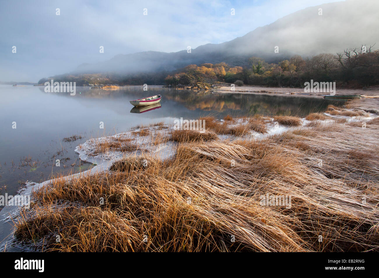 La helada mañana de invierno en la costa del Lago Superior, el Parque Nacional de Killarney, condado de Kerry, Irlanda. Foto de stock