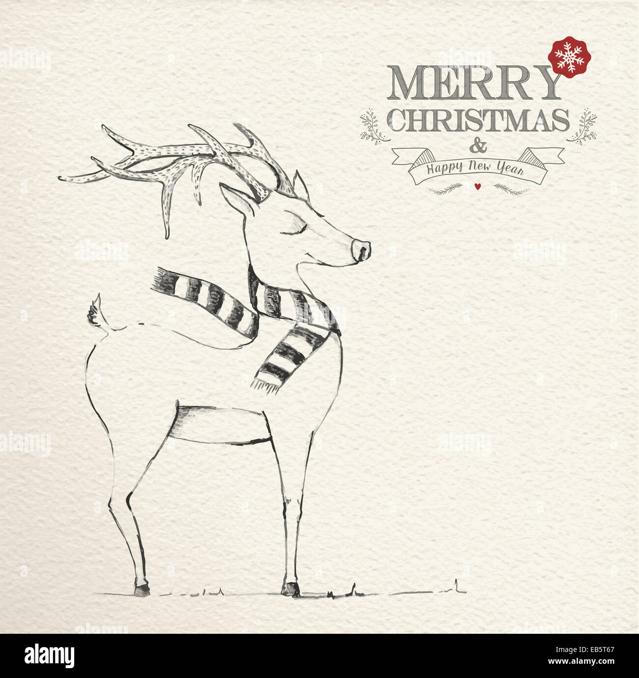 Feliz Navidad dibujados a mano ilustración renos inusual y vintage etiqueta en la textura del papel de fondo. Archivo vectorial EPS10 organi Foto de stock