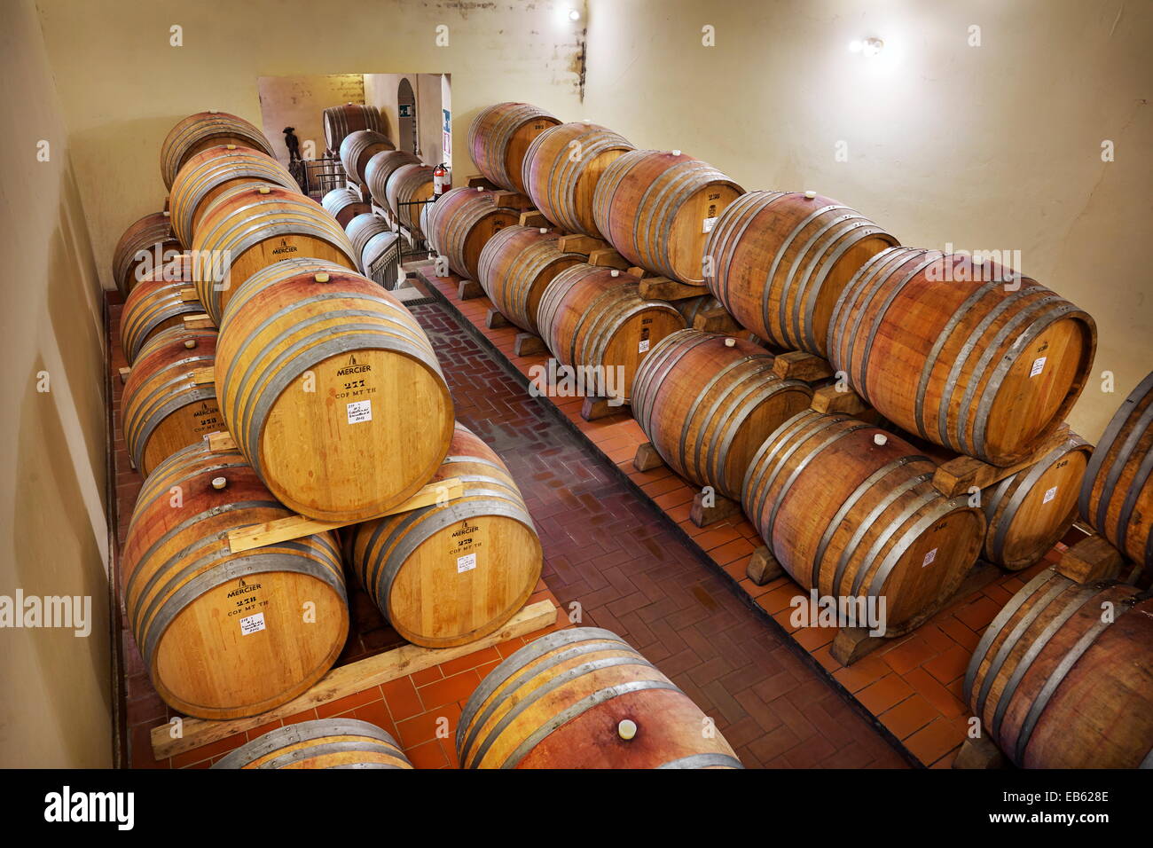 Bodega, Brunello de Montalcino, barriles de vino, Toscana, Italia Foto de stock