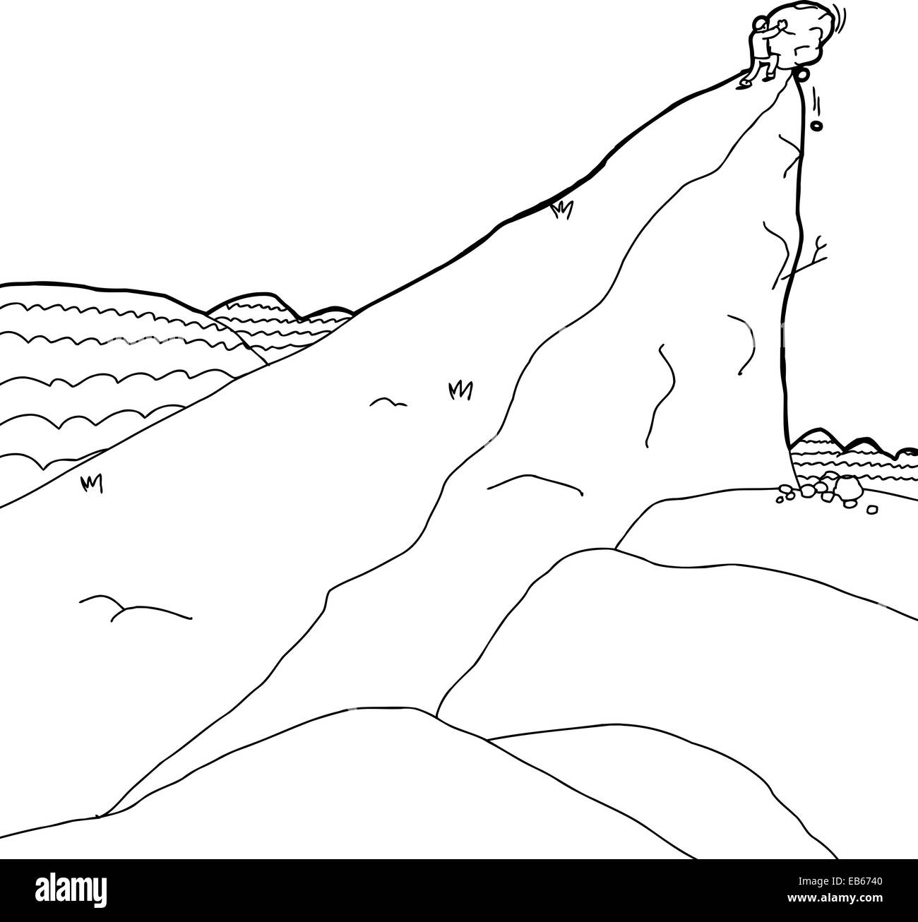 Esquema de dibujos animados solo hombre empujando roca grande cuesta arriba Foto de stock