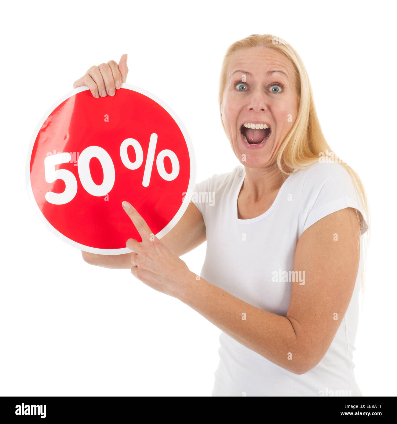 Mujer de mediana edad feliz con precios reducidos Foto de stock