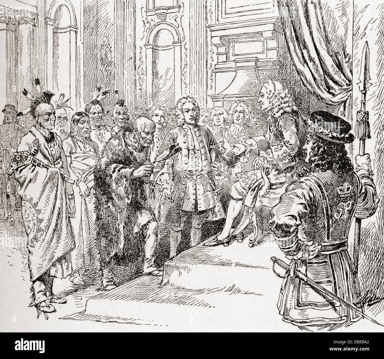 James Oglethorpe visitar Gran Bretaña, 1735 con una delegación de reunirse el rey Jorge II y su familia en el Palacio de Kensington Foto de stock