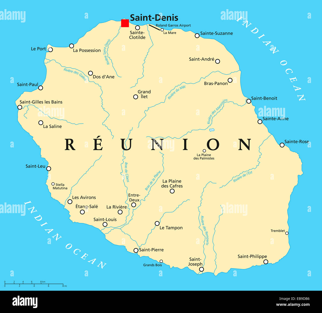 Mapa Político con la prefectura de reunion SaintDenis, importantes