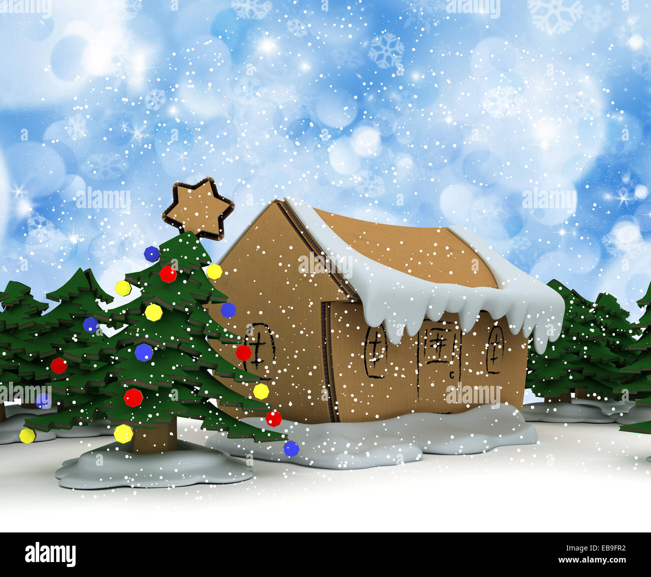 Fondo de navidad con árboles y casas de cartón en un diseño de copo de nieve  Fotografía de stock - Alamy