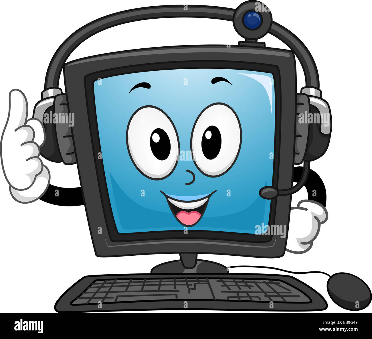 Mascota Ilustración de un monitor de ordenador usando un auricular Foto de stock