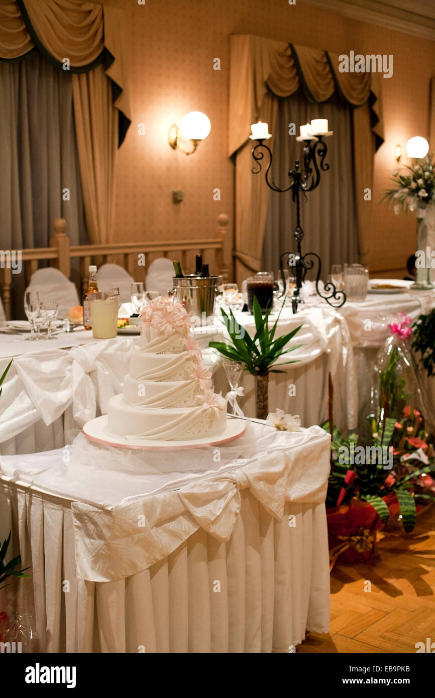 La recepción de la boda con pastel de boda Foto de stock