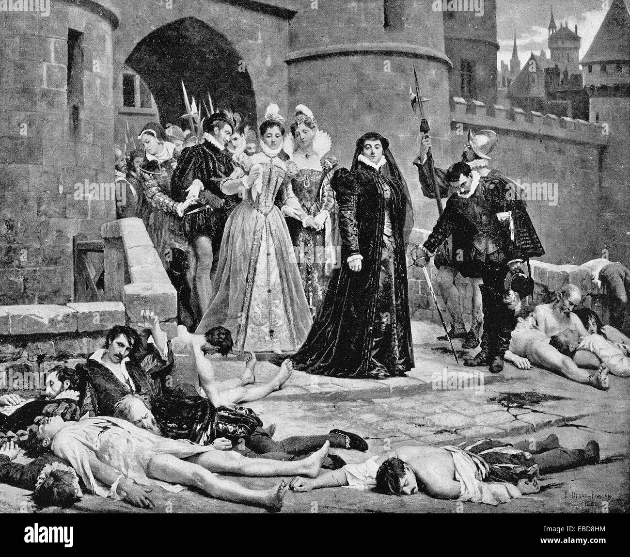 Catherine de Medici examina algunas de las víctimas de la masacre por E Debat-Ponsan Foto de stock