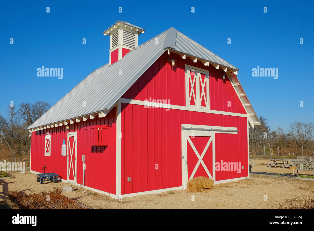 Granero rojo pequeño encontrado en una granja o rancho rural principalmente utilizado para el almacenamiento en los Estados Unidos. Foto de stock