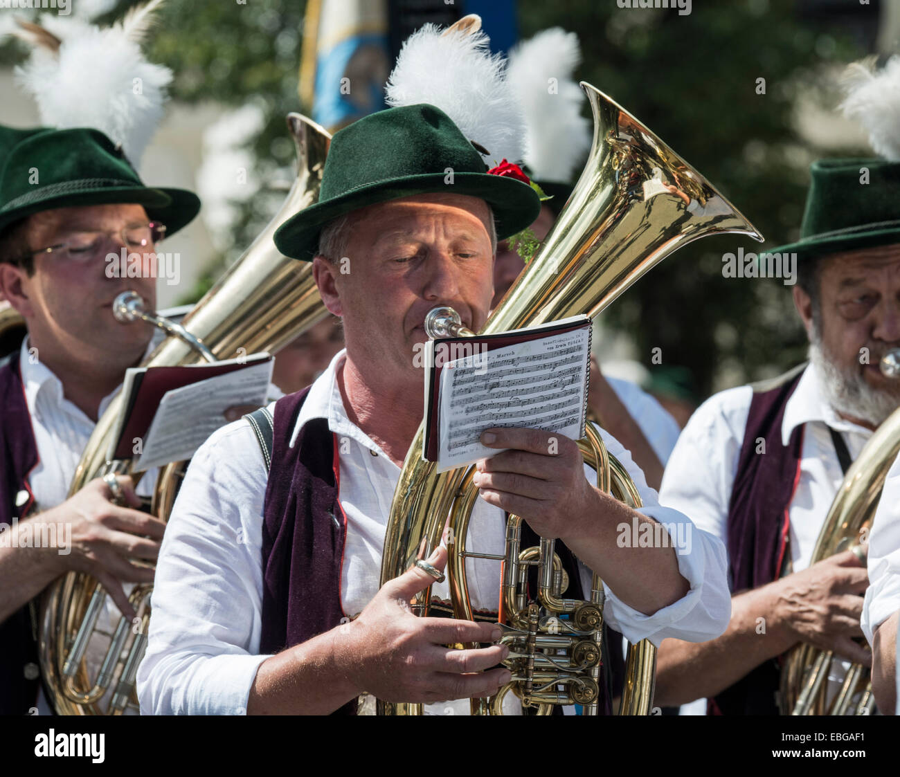 Banda en la Oberlandler Gauverband desfile de disfraces, Fischbachau, Alta Baviera, Baviera, Alemania Foto de stock