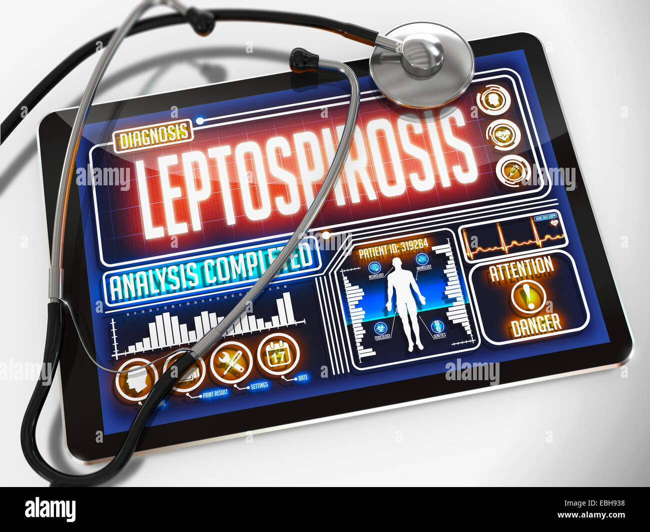 Medical Tablet con el diagnóstico de leptospirosis en la pantalla y un estetoscopio en negro sobre fondo blanco. Foto de stock