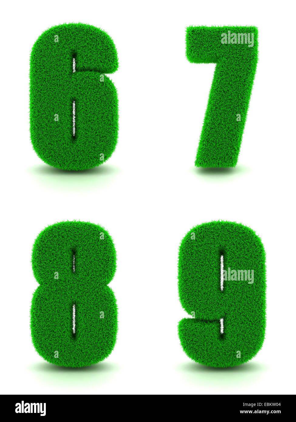Los dígitos 6, 7, 8, 9 - Conjunto de hierba verde sobre fondo blanco en 3d. Foto de stock