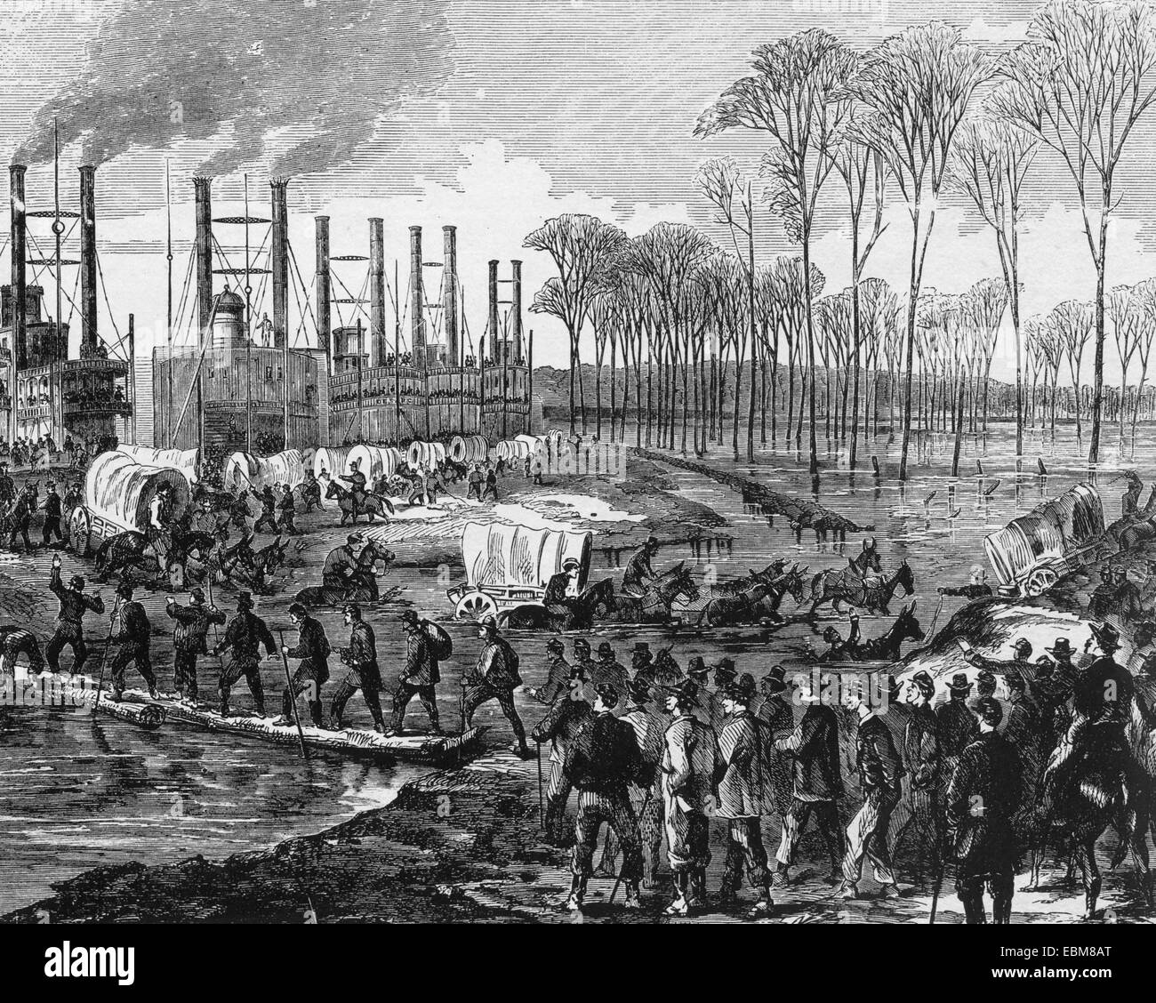 Guerra Civil Americana Union Camp en Young's Point preparándose para el asalto final en Vicksburg, en enero de 1863. Situada en la orilla oeste del Mississippi al sur de Milliken's Bend Foto de stock