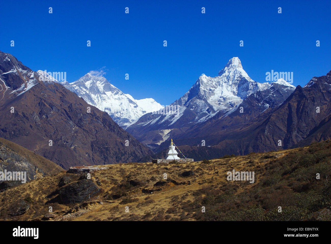 Lhotse y el Ama Dablam, delante Sir-Edmund-Hillary-Stupa encima de Khumjung, Nepal, Himalaya, Khumbu Himal Foto de stock