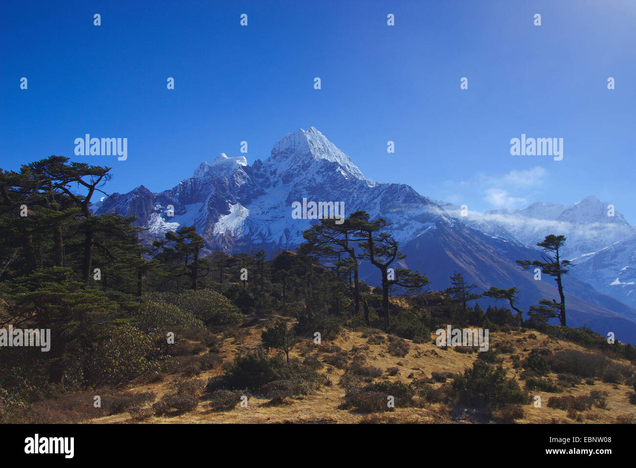 Thamserku, vista desde la ruta entre Namche Bazar y Khunde, Nepal, Himalaya, Khumbu Himal Foto de stock