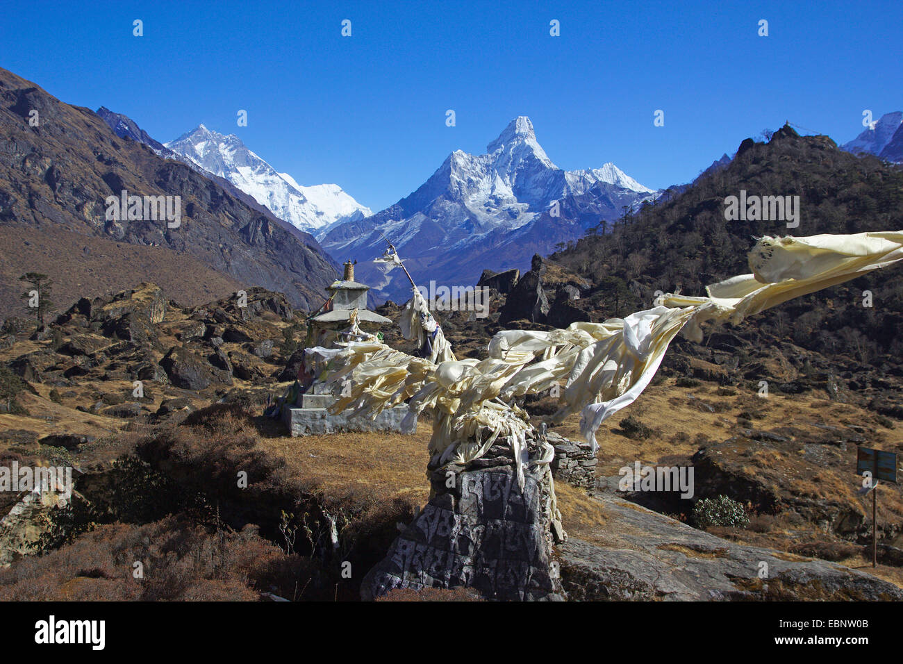 El Ama Dablam, vista desde la ruta entre Namche Bazar y Khunde, Nepal, Himalaya, Khumbu Himal Foto de stock